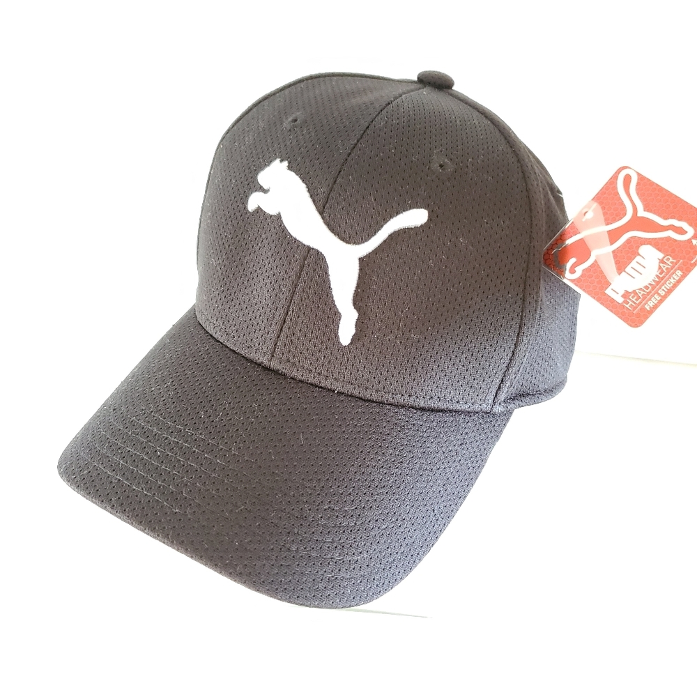 NEW PUMA FITTED HAT BLACK WHITE EMBROIDERED